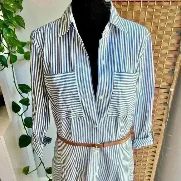 Michael Kors Blue Pin Stripe Belted Midi Button Down Dress - Picture 2 of 12